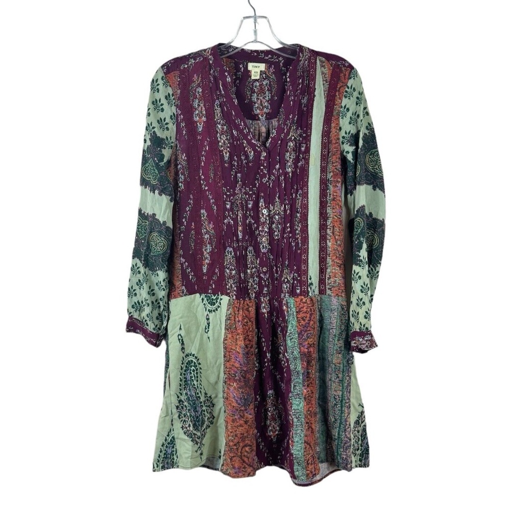ANTHROPOLOGIE TINY womens size XS boho patchwork print long sleeve mini dress
